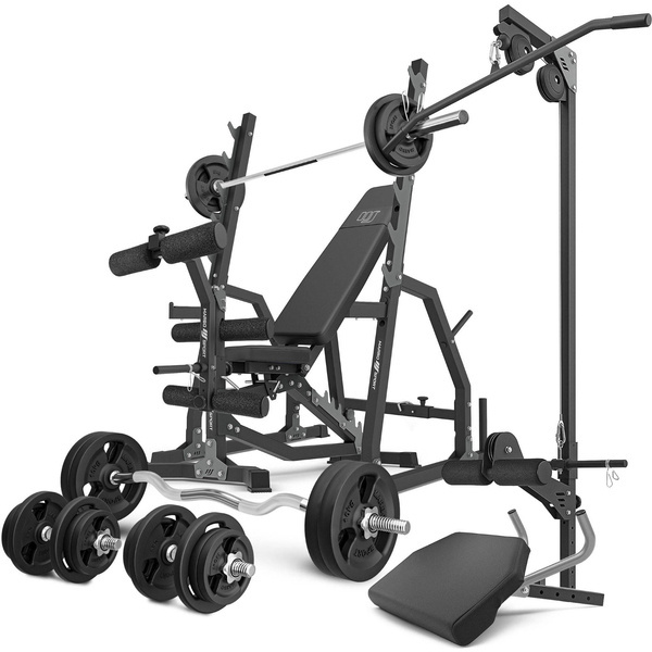 Set MS36_2.0_113KG | banc double face + supports avec baudrier et écartement réglable + banc à biceps + presse à jambes + kit de barres d'haltères renforcées et de disques pour la musculation de 113 kg - Marbo Sport