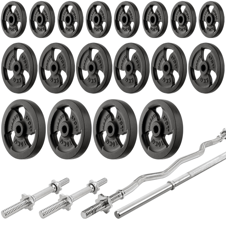 Set MS36_2.0_113KG | banc double face + supports avec baudrier et écartement réglable + banc à biceps + presse à jambes + kit de barres d'haltères renforcées et de disques pour la musculation de 113 kg - Marbo Sport