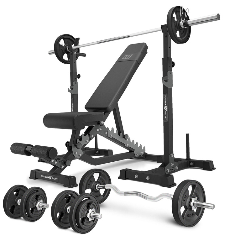 Set MS34_2.0_83KG_G | banc double face + supports d'haltères multi-niveaux (2 pièces) avec assistance + kit de barres d'haltères renforcées et de disques caoutchoutés pour la musculation de 83 kg - Marbo Sport