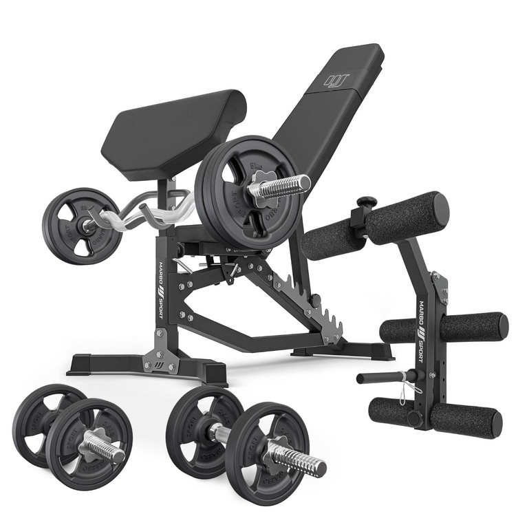 Set MS39_2.0_42KG_G | banc double face + banc à biceps + presse à jambes + kit de barres d'haltères renforcées et de disques caoutchoutés pour la musculation de 42 kg - Marbo Sport